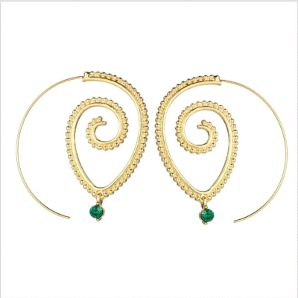 Tribal Circle Spiral Hoop Leaf Crystal Earring